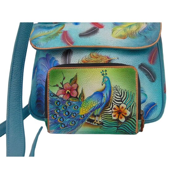Anuschka Leather Crossbody Purse Wallet Teal Blue Feather Peacock Hand Painted - Picture 3 of 16